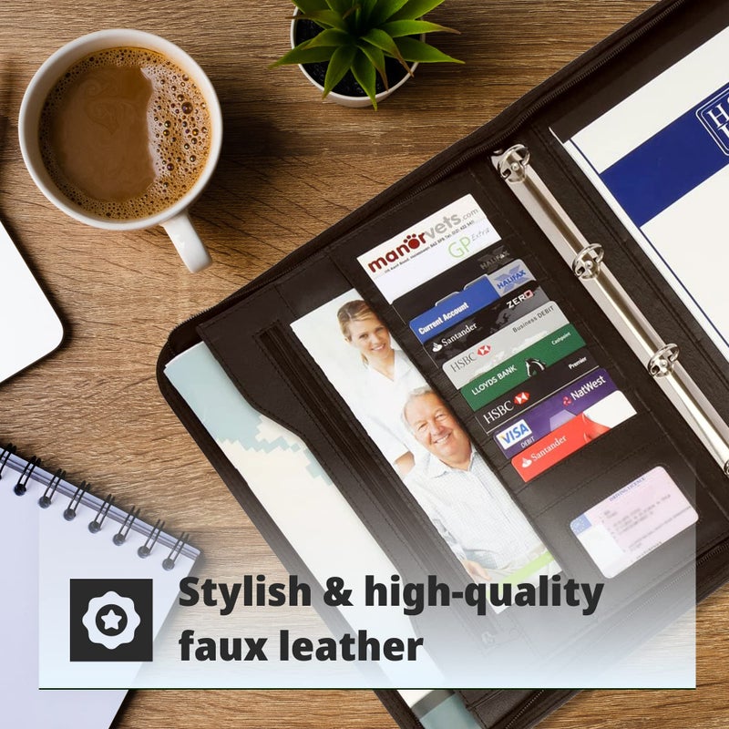 H&S Conference Folder - Zipped Portfolio Folder A4 - Faux Leather Folders for Documents with Ring Binder - A4 Organiser Folders - Work or Business Document Holder Padfolio Case - Image 2